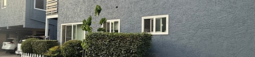 A grey building with a white fence and a tree in front.
