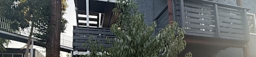 A modern house with a balcony and a tree in front.