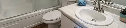 A bathroom with a toilet, sink, and shower.