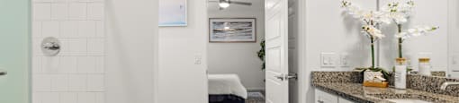A bathroom with a walk-in shower and a vanity with a mirror.