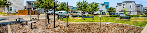 A playground with a brown surface and a few trees in the background.