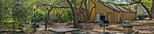 A picnic table is surrounded by trees in a yard.