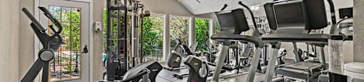 A gym with treadmills, elliptical machines, and a weight machine.