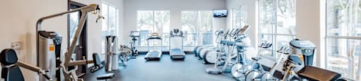 A spacious gym with a variety of equipment including treadmills, stationary bikes, and weight machines.