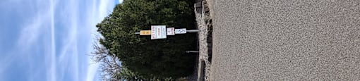 A sign on a pole with a tree behind it.