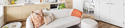 A modern living room with a white couch and a grey rug.
