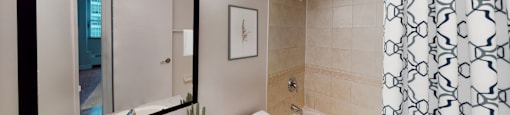 A bathroom with a white toilet, sink, and shower curtain.