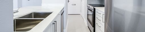 A modern kitchen with white cabinets and stainless steel appliances.