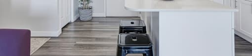 A white kitchen with a purple chair and a potted plant.