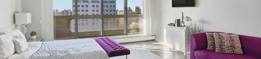 A bedroom with a large bed, a purple couch, and a flat-screen TV.