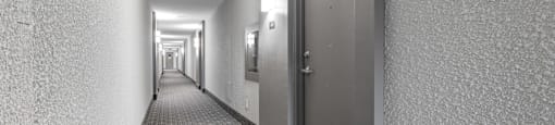 A long hallway with a door on the right.