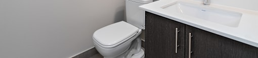 A white toilet sits next to a sink in a small bathroom.