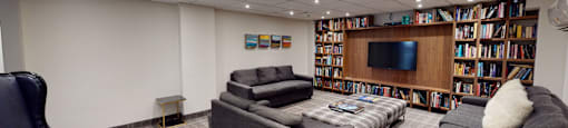 Library room with large book shelf, TV, and a seating area