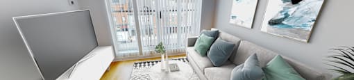 Spacious living room with sofa and coffee table
