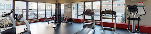 a gym with cardio equipment and a view of the city