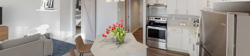 Kitchen with fridge, oven,  and counter space