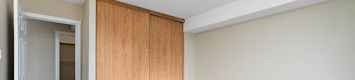 A room with a carpeted floor and a wooden closet.