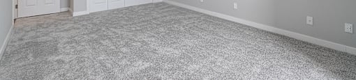 A room with a carpeted floor and two white doors.