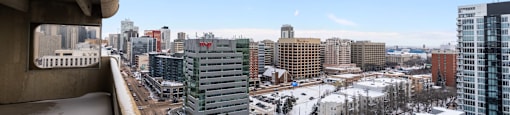 A cityscape with buildings and roads covered in snow.