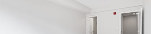 A white room with a carpet floor and two doors.
