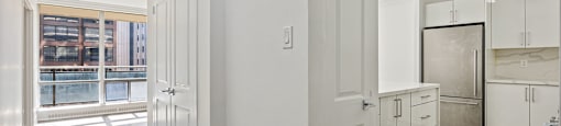 a large white kitchen with white cabinets and a window