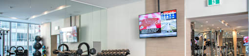 A gym with a variety of equipment including weights and a television.