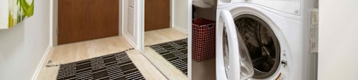 A washing machine is open in a small laundry room.