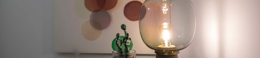 A small cactus sits on a table next to a light bulb in a glass dome.