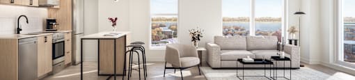 a rendering of a living room and kitchen in an apartment