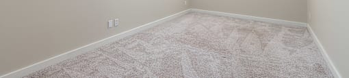 A room with a carpeted floor and a window.