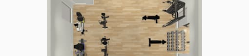 A top-down view of a room with a wooden floor and white walls, containing a variety of exercise equipment.