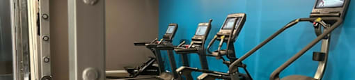 a row of exercise equipment in a gym with cardio machines