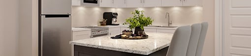 a kitchen with white cabinets and a marble counter top