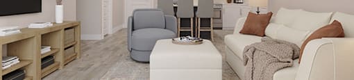 a living room with a couch and a chair and a kitchen