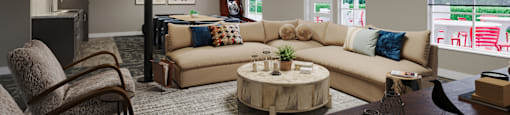 a living room with a couch and a table