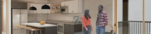 Two people are standing in a kitchen with a table and chairs.