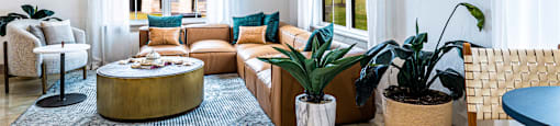 Living room with a couch and a table and some plants at The Parker Austin, Pflugerville