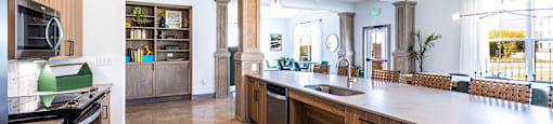 Large kitchen with a large counter top and a sink at The Parker Austin, Texas