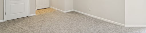 an empty room with white walls and a door to a closet