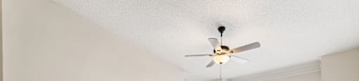 an empty living room with a ceiling fan and a window