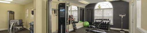 A spacious gym with a variety of equipment including a treadmill, weight machines, and a bench press.