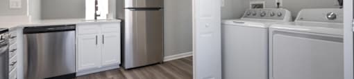 A modern kitchen with stainless steel appliances and white cabinets.