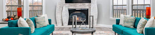 Living Room with Fireplace, Large Windows at Timber Lakes at Red Bridge, Kansas City