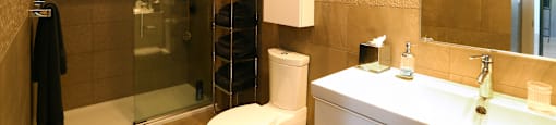 A bathroom with a toilet, sink, and shower.