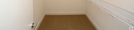 A walk-in closet with white shelving and a carpeted floor.