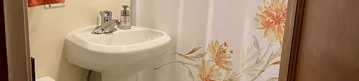 a bathroom with a sink toilet and a shower curtain