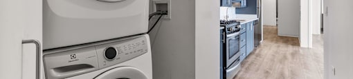 A white washer and dryer in a laundry room.