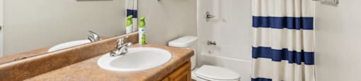 A bathroom with a sink, toilet, and striped shower curtain.