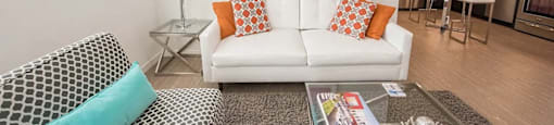 A living room with a white couch and a grey and white patterned couch.