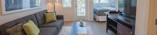 A living room with a grey couch and a glass coffee table.